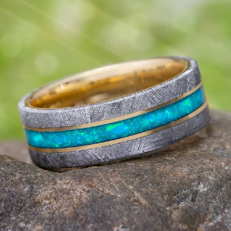 women's winter rings-Authentic Gibeon Meteorite Wedding Band with Crushed Opal