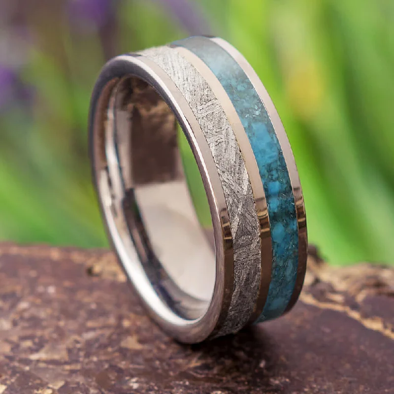 women's winter rings-Crushed Turquoise Men's Wedding Band with Gibeon Meteorite