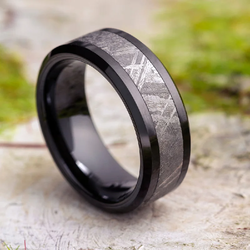 women's statement engagement rings-Black Ceramic & Meteorite Wedding Band