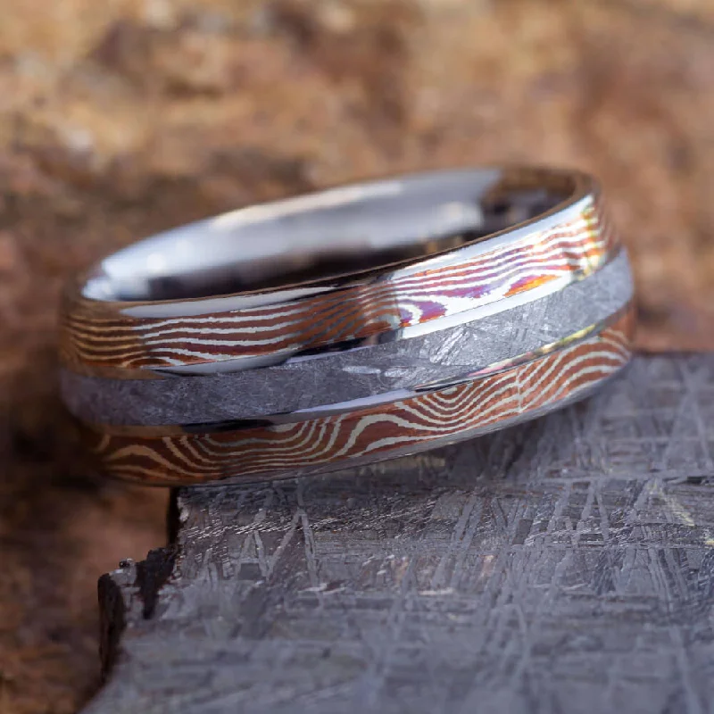 women's eco-friendly rings-Mokume Men's Wedding Band, Meteorite Ring With Titanium