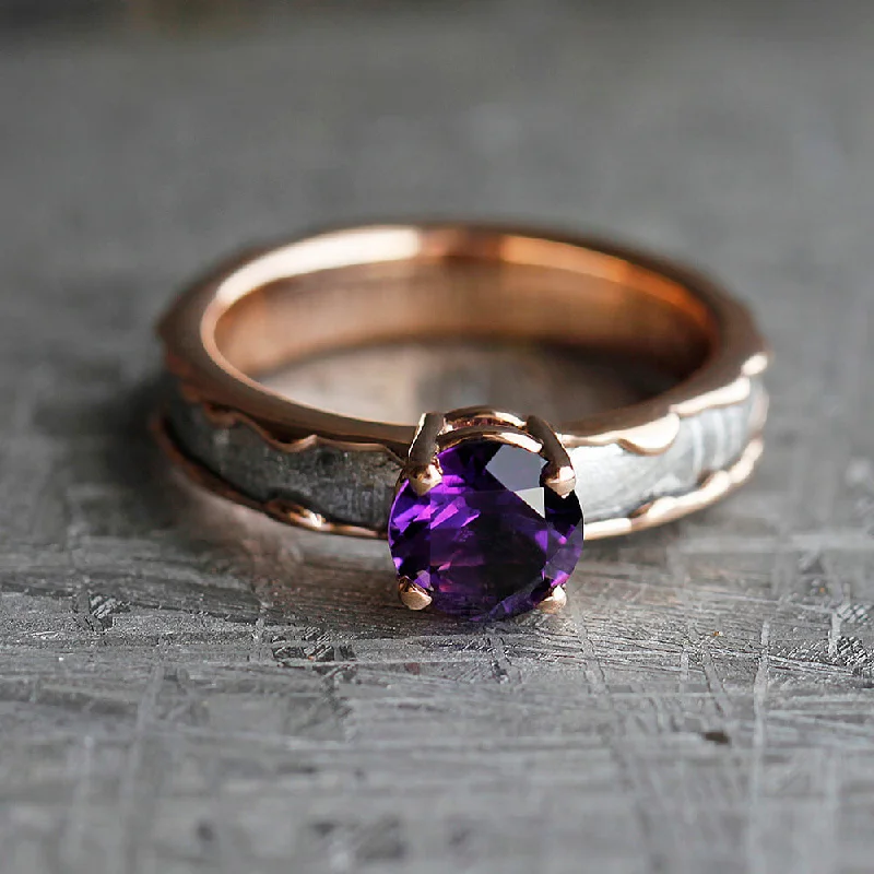 women's eco-friendly engagement rings-Amethyst Engagement Ring With Wavy Band Inlaid with Meteorite