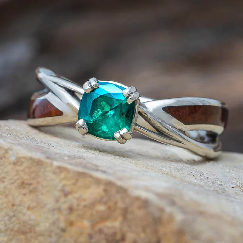 women's statement engagement rings-Emerald Engagement Ring With Twist Band Inlaid With Wood