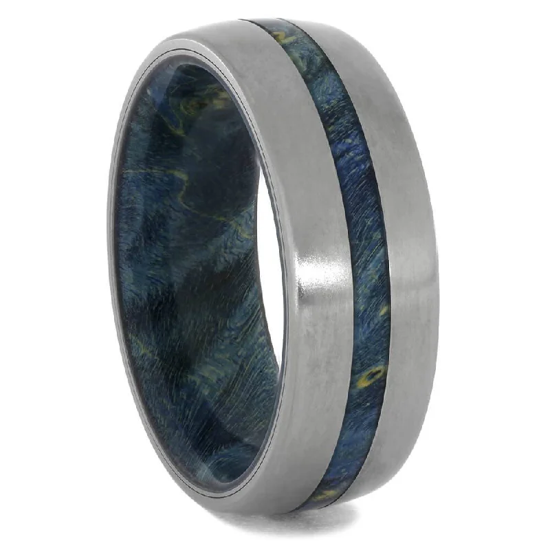 women's matching engagement rings-Blue Box Elder Burl Wood Wedding Band with Titanium Edges