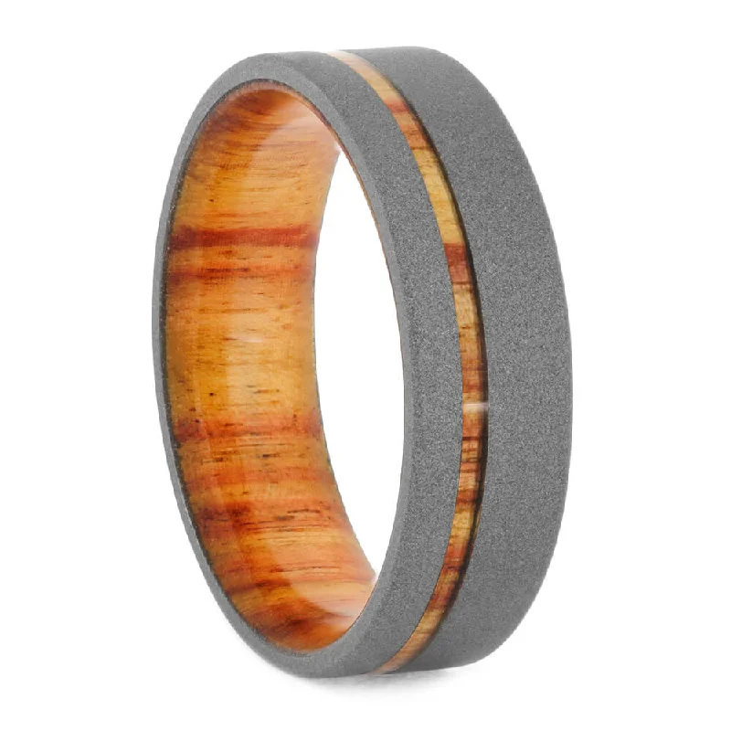 women's engagement rings-Sandblasted Titanium Wedding Band With Tulipwood Sleeve