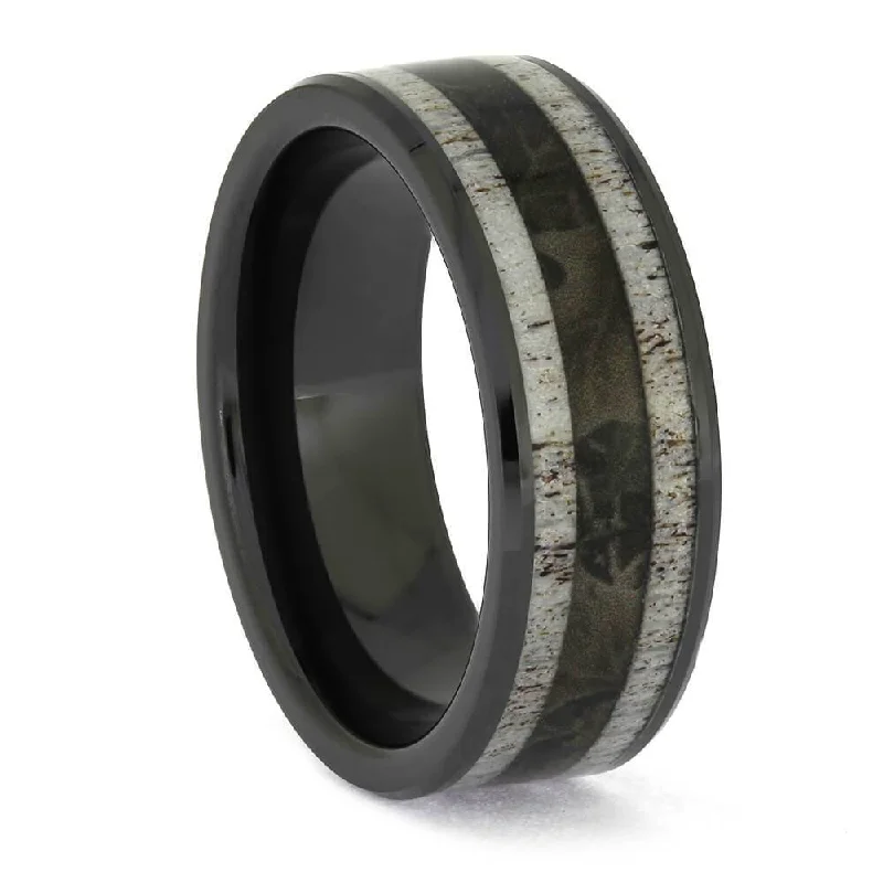 women's moonstone engagement rings-Men's Deer Antler Wedding Band with Camo in Black Ceramic