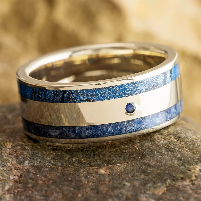 women's unique engagement rings-Men's Blue Wedding Band with Mokume Gane and Sapphire in White Gold