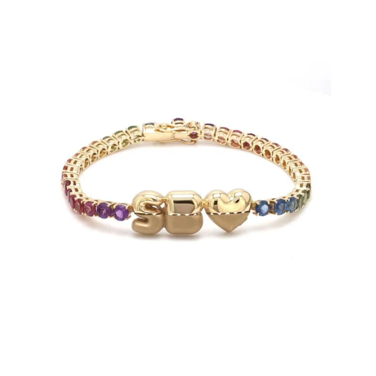 women's chain bracelets-Rainbow Half and Half Tennis Bracelet with Puffy Letters