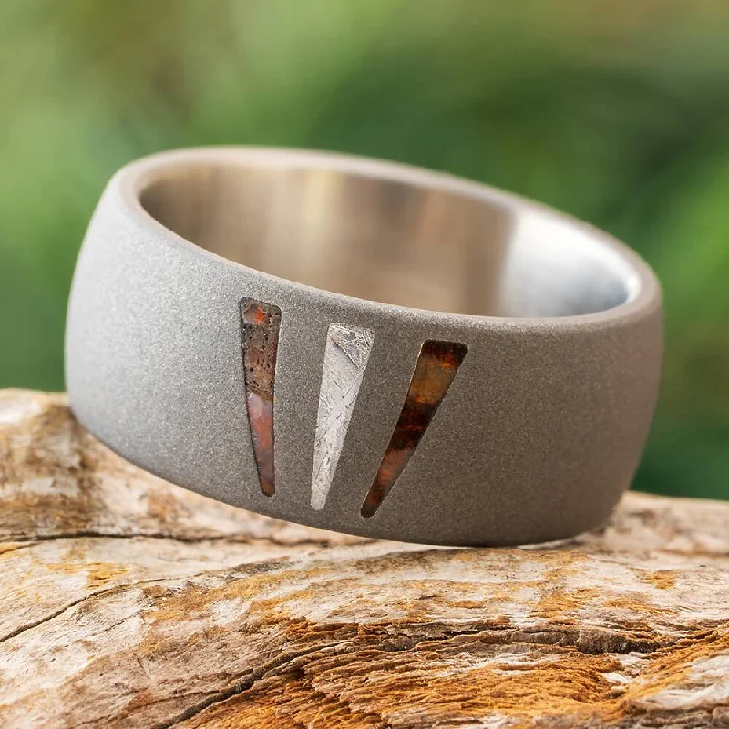 women's luxury designer rings-Triple Inlay Wedding Band with Meteorite, Dino Bone, and Ironwood