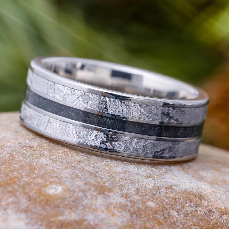 women's twist rings-Meteorite Wedding Band with Crushed Onyx