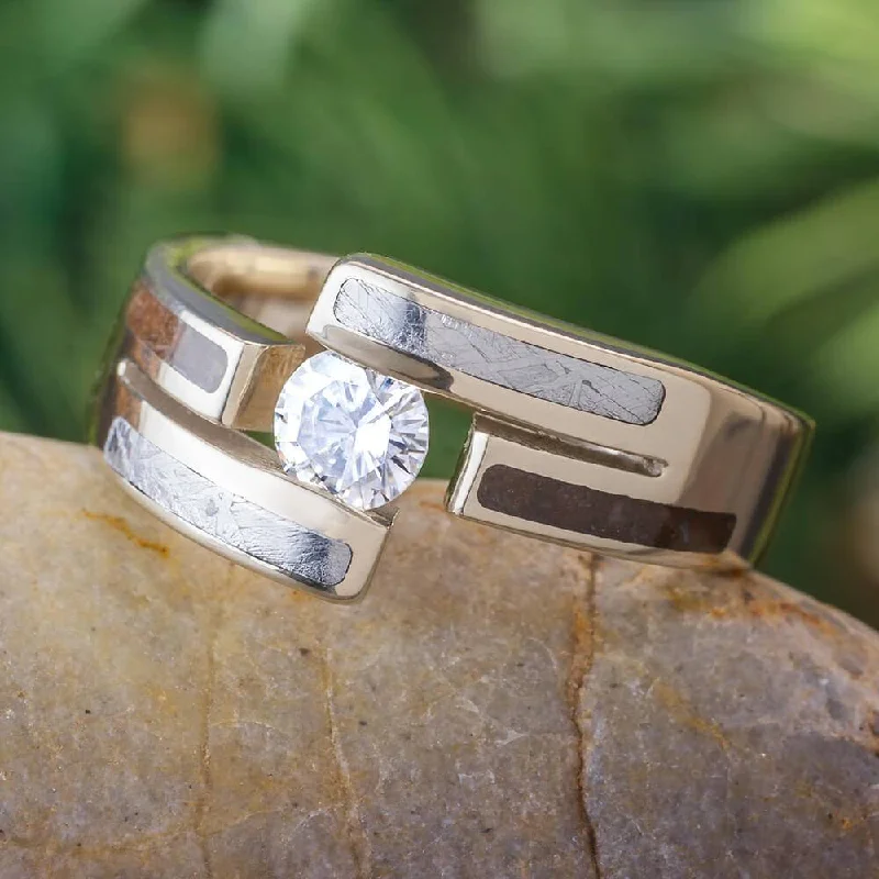 women's moonstone rings-Gold Engagement Ring with Meteorite and Dinosaur Bone