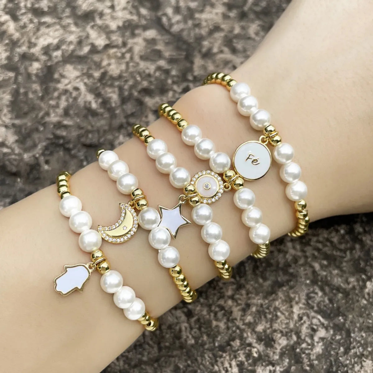 women's floral bracelets-Wholesale Jewelry Pearl Beaded Stars Moon Pendant Copper Bracelet Gooddiy