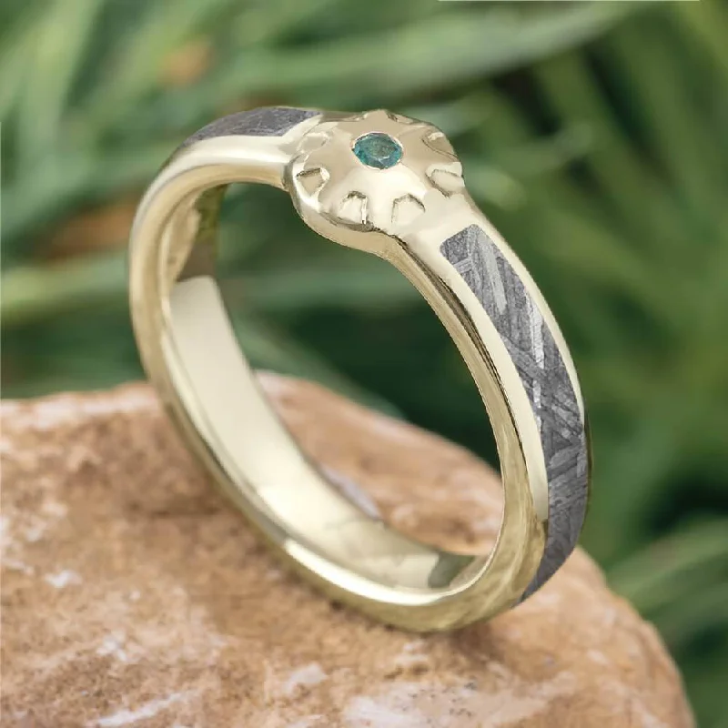 women's delicate band rings-Mechanical Engagement Ring with Meteorite and Emerald