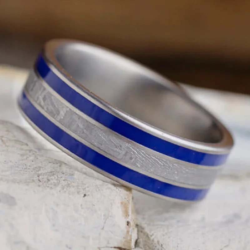 women's rose gold rings-Meteorite Ring with Blue Stripes, Blue Enamel in Titanium Ring