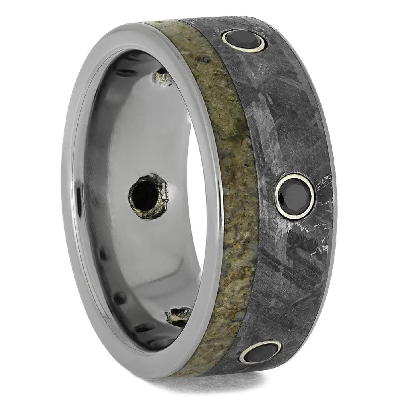 women's sun and moon engagement rings-Black Diamond Wedding Band with Meteorite and Dinosaur Bone