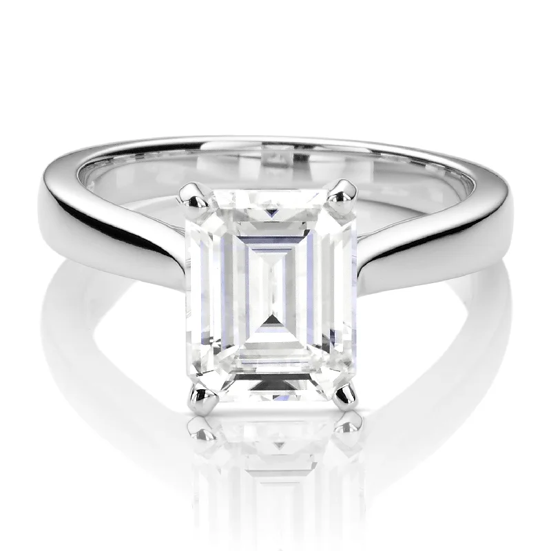 women's glamorous engagement rings-Charles & Colvard Moissanite Emerald Cut Solitaire Engagement Ring in White Gold