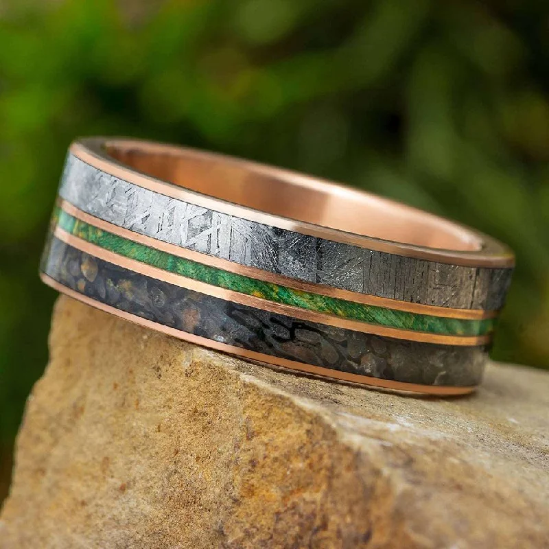 women's mother-of-pearl rings-Solid Gold Wedding Band with Dinosaur Bone and Meteorite