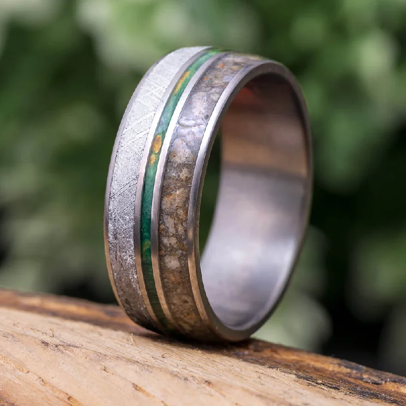 women's lucky charm rings-Men's Wedding Band With Green Box Elder Burl Wood, Dino Bone & Meteorite