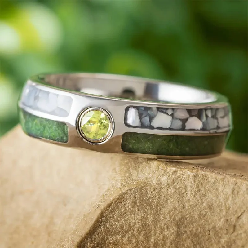 women's floral engagement rings-Colorful Birthstone Wedding Band with Peridot and Pearl