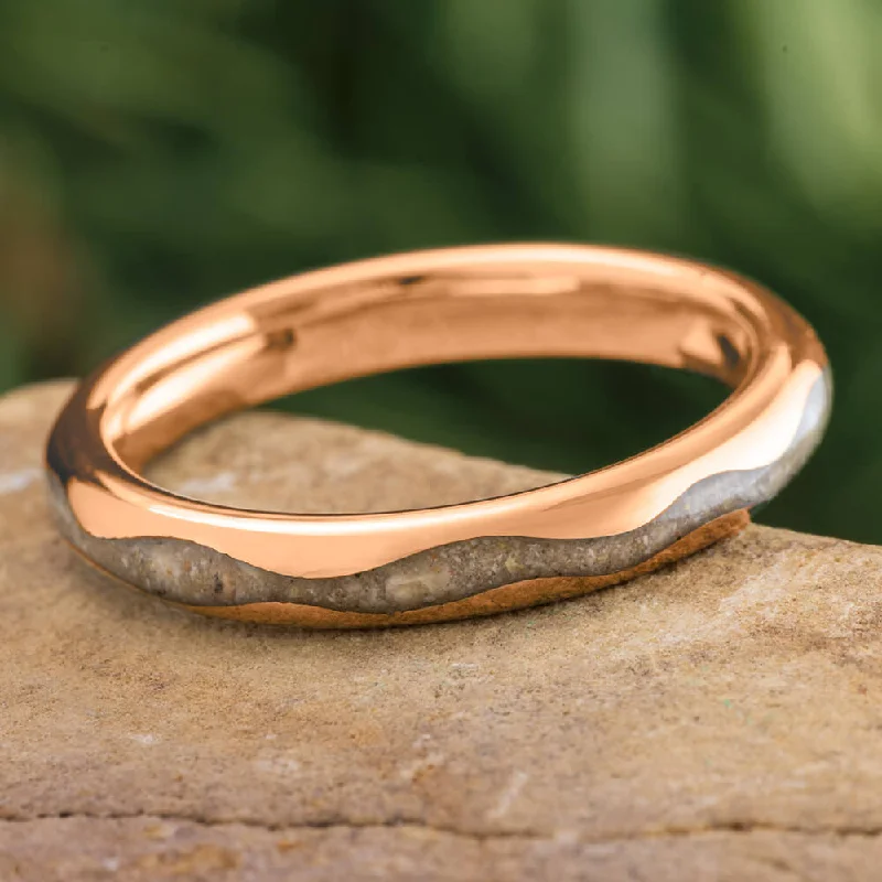 women's birth month rings-Rose Gold Memorial Ring With Wavy Profile and Cremains