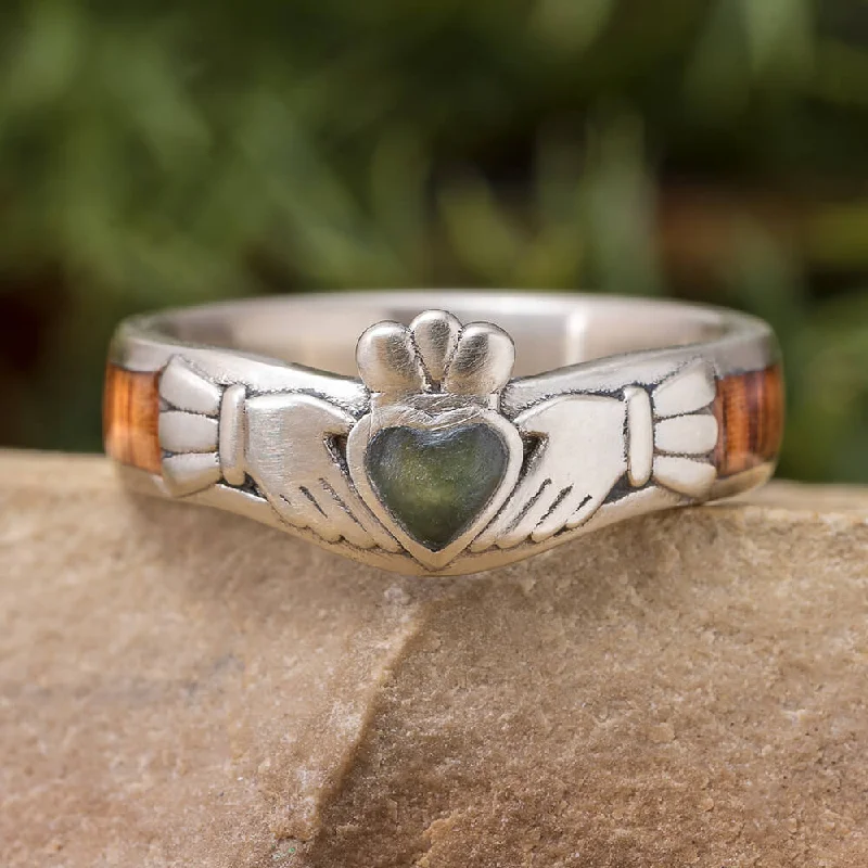 women's boho engagement rings-Claddagh Engagement Ring with Jade Heart, Honduran Rosewood Band