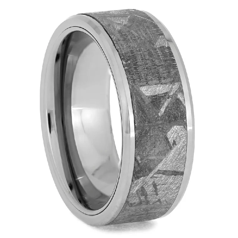 women's trendy engagement rings-Beveled Tungsten Wedding Band with Meteorite