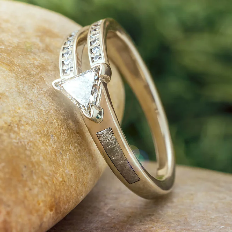 women's hand-carved engagement rings-Triangle Cut Diamond Engagement Ring With Meteorite