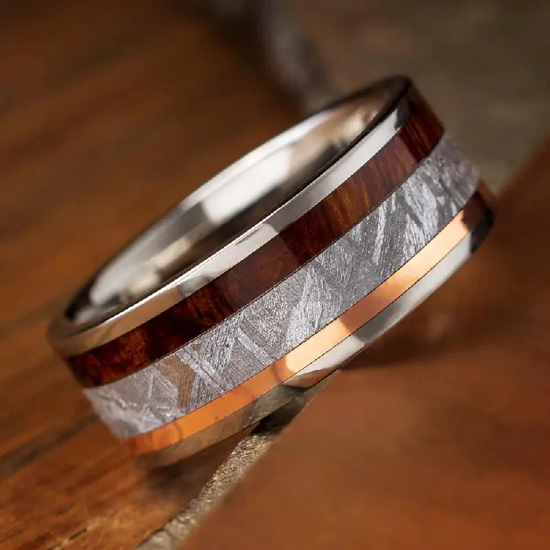 women's bold gold rings-Meteorite Ironwood and Copper Ring in Titanium Band