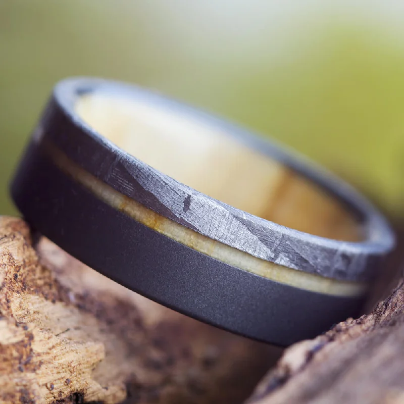 women's nature-inspired engagement rings-Wood & Meteorite Men's Wedding Band in Sandblasted Titanium