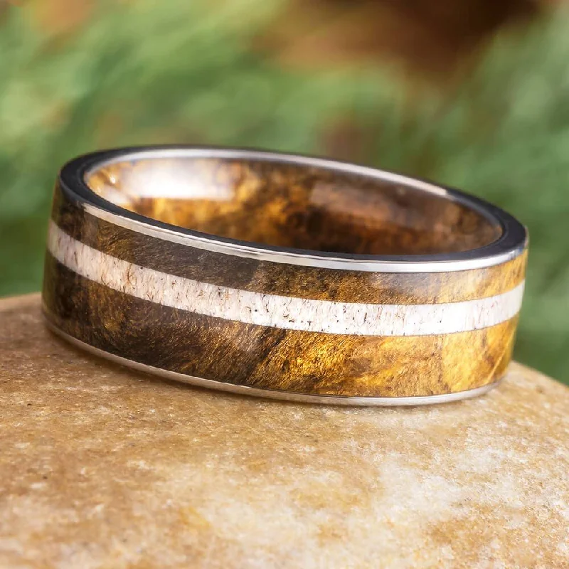 women's casual rings-Buckeye Burl Wood & Antler Wedding Band with Wood Sleeve