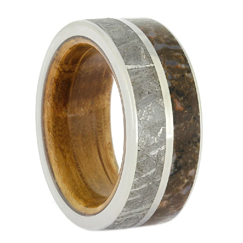 women's handcrafted engagement rings-Meteorite and Dinosaur Bone Wedding Band with Whiskey Oak Sleeve