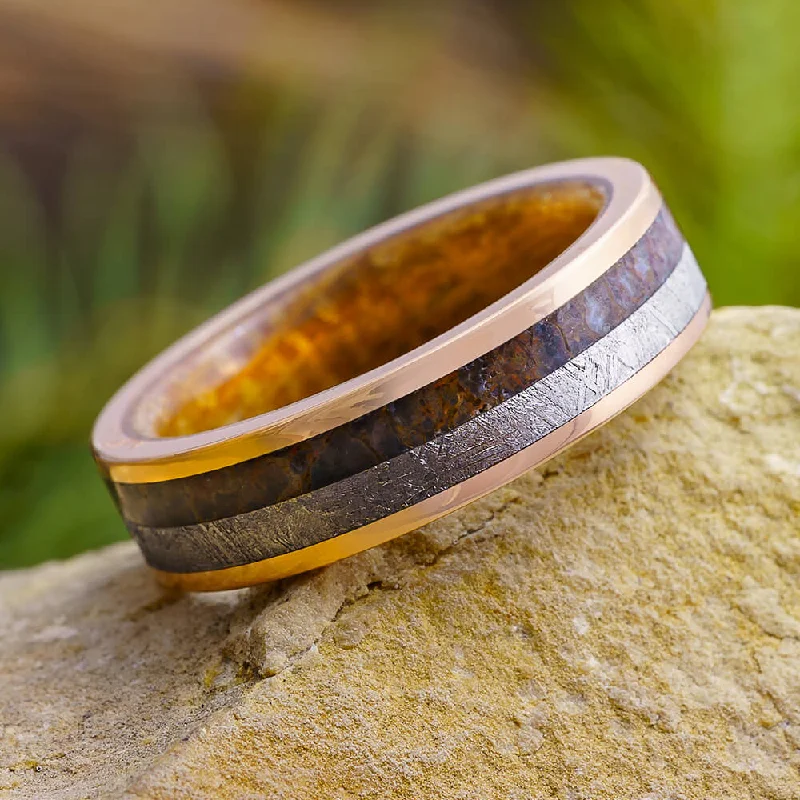 women's stacking rings-Dinosaur Bone Wedding Ring With Meteorite & Whiskey Barrel