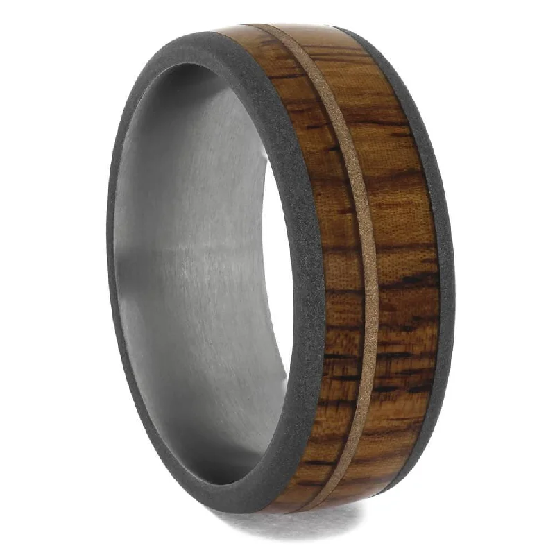 women's statement engagement rings-Unique Wood Wedding Band with Rose Gold Pinstripe