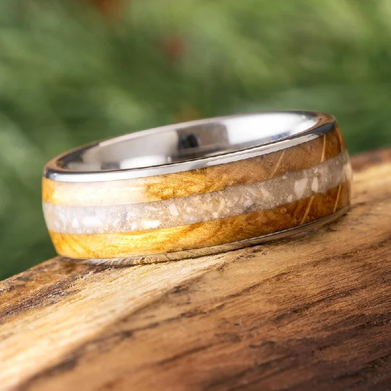 women's handmade rings-Titanium Memorial Ring with Whiskey Barrel Oak Wood