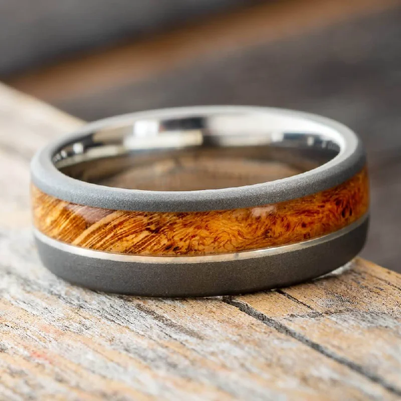 women's fashion jewelry rings-Cherry Burl Wood Wedding Band with Sandblasted Titanium