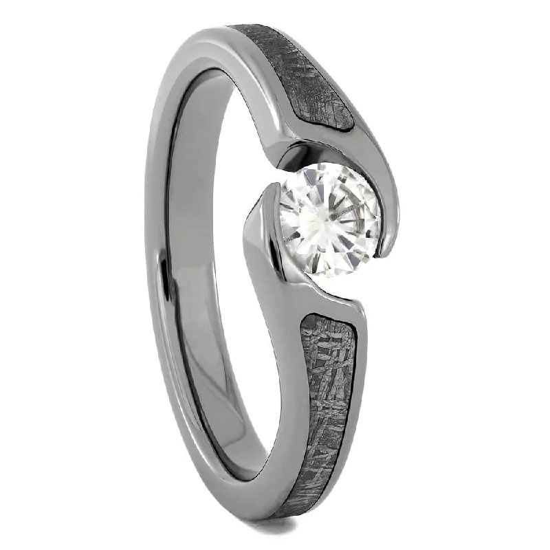 women's affordable engagement rings-Tension Set Moissanite & Meteorite Engagement Ring