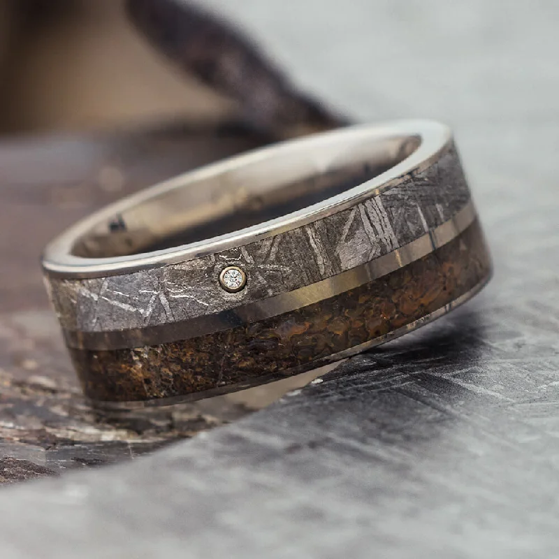 women's gemstone rings-Dinosaur Bone Wedding Band With A Diamond In Meteorite