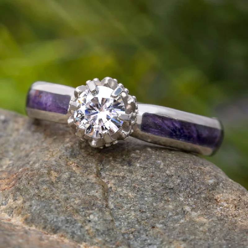 women's aquamarine engagement rings-Moissanite Lotus Engagement Ring with Purple Burl Wood