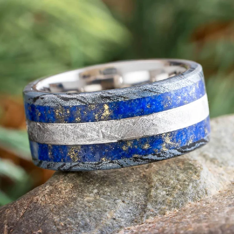 women's trendy rings-Blue Wedding Band with Meteorite, Lapis, and Mokume