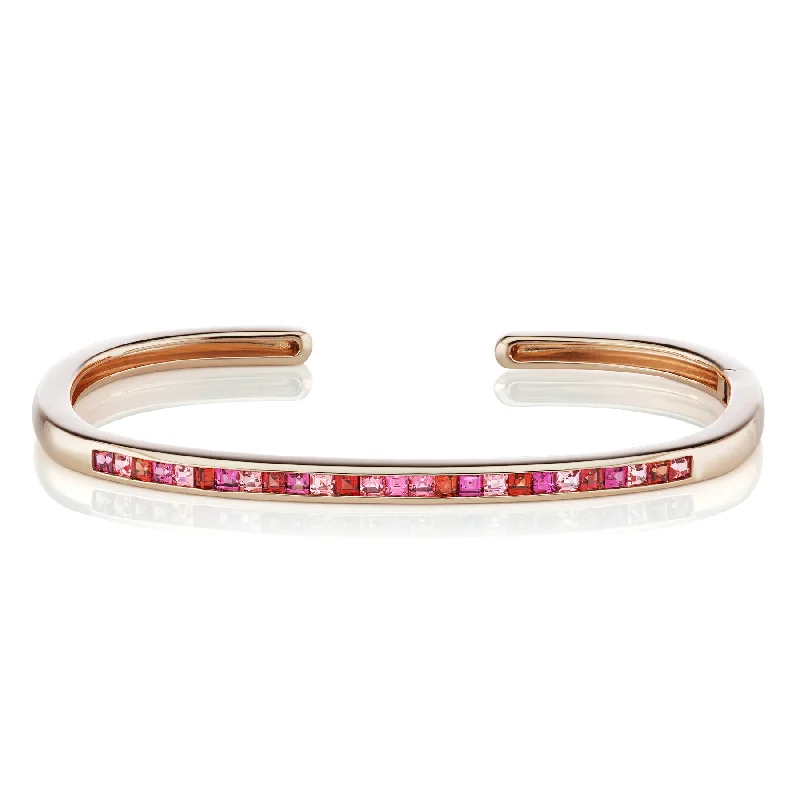 women's three-layer bracelets-Slim Hinged Rectangular Cuff with Square Pink Tourmaline & Red Garnet