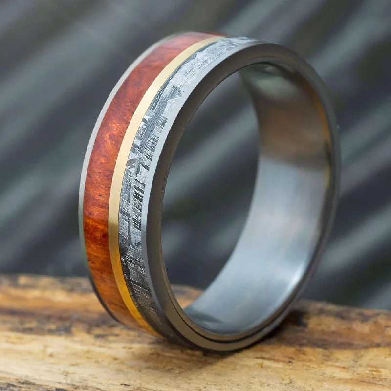 women's personalized rings-Meteorite and Wood Wedding Band with Gold Pinstripe