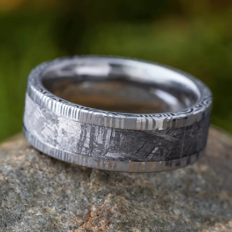 women's water-resistant rings-Damascus Ring with Gibeon Meteorite in Stainless Steel