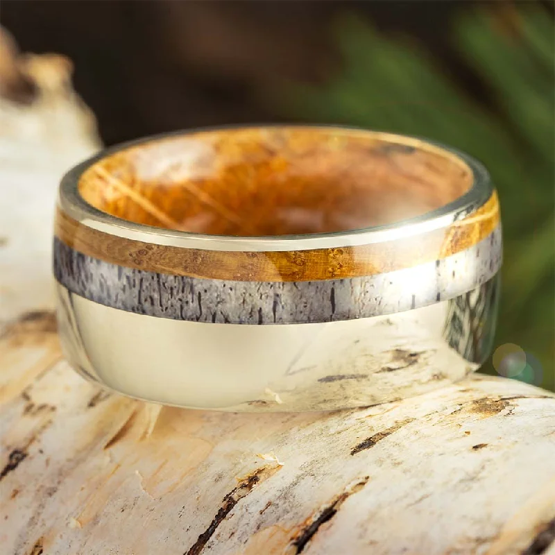 women's matching engagement rings-Unique Whiskey Barrel and Antler Wedding Band in White Gold