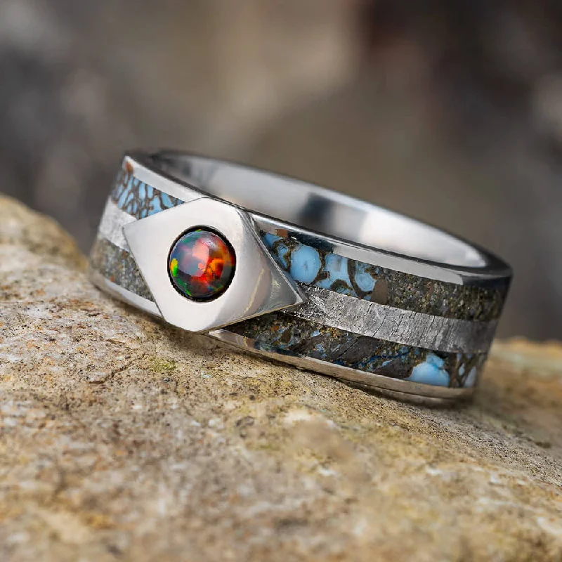 women's eternity rings-Black Fire Opal Ring With Dinosaur Bone And Meteorite Inlays