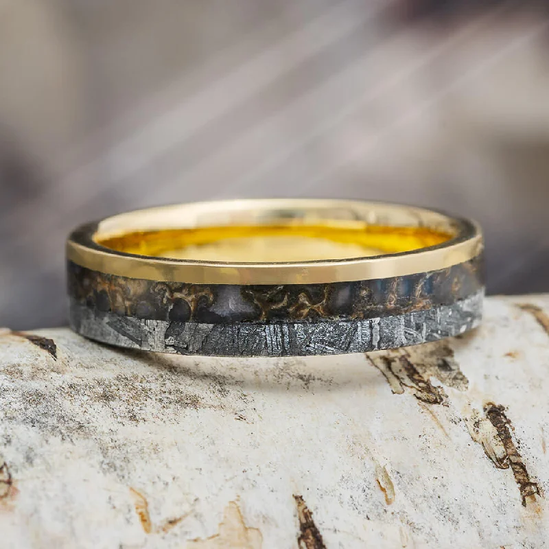 women's gothic engagement rings-Meteorite & Dinosaur Bone Wedding Band