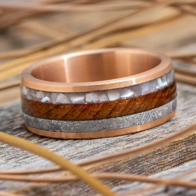 women's split shank rings-Redwood and Rose Gold Wedding Band with Meteorite and Pearl