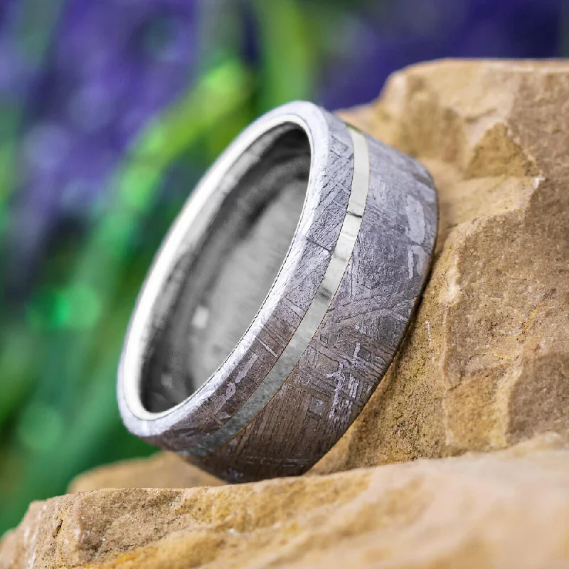 women's celestial moon rings-Tungsten Wedding Band with Gibeon Meteorite