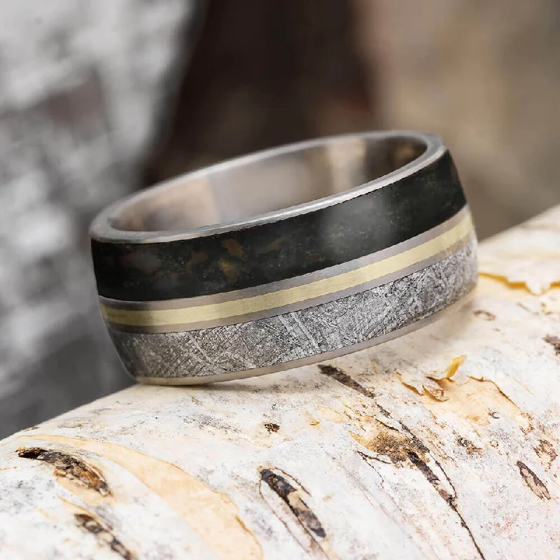 women's diamond rings-9mm Dinosaur Bone & Meteorite Ring with Gold Pinstripe