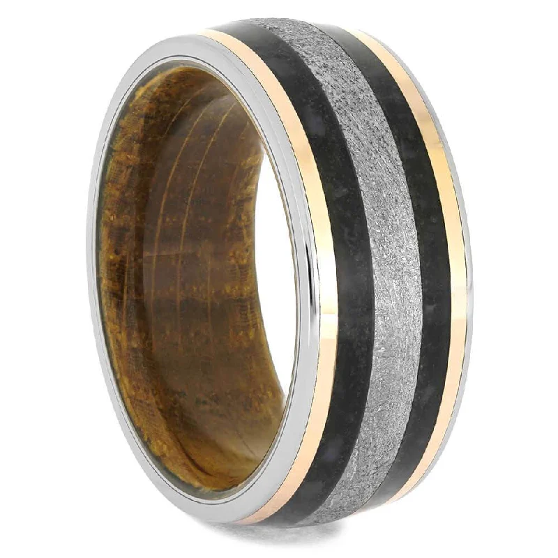 women's halo engagement rings-Whiskey Barrel Wedding Band with Meteorite and Dinosaur Bone