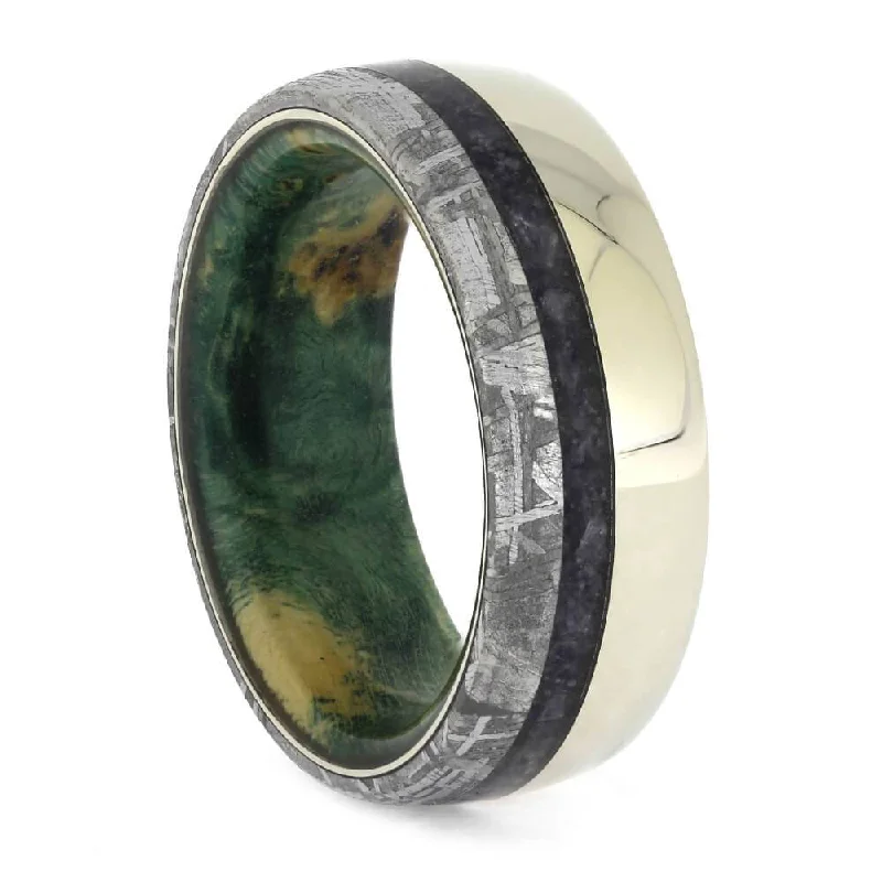 women's promise engagement rings-Sapphire Wedding Band with Green Wood and Meteorite