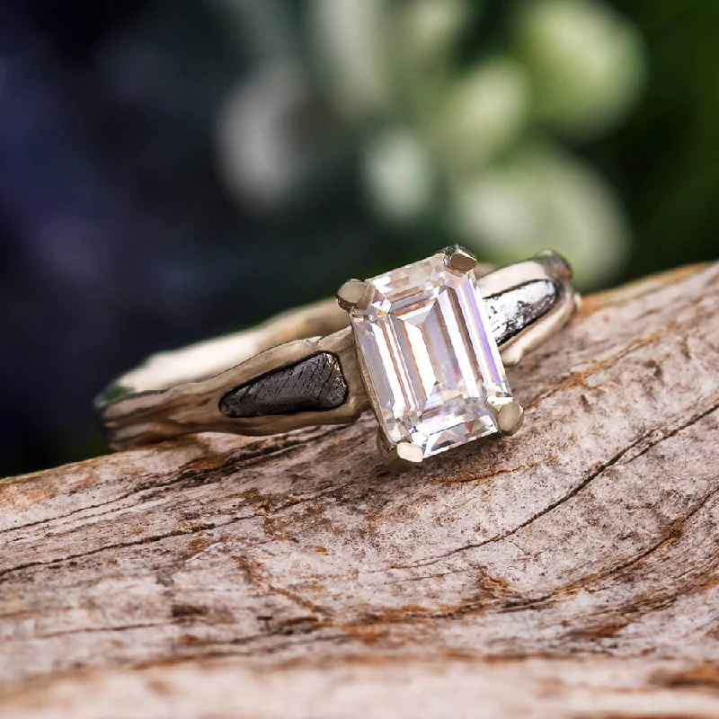 women's lab-grown diamond engagement rings-Meteorite Engagement Ring with Emerald Cut Moissanite